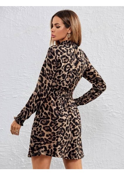 Kadın Yarım Balıkçı Yaka Uzun Kollu Leopar Desen Mini Elbise modelleri