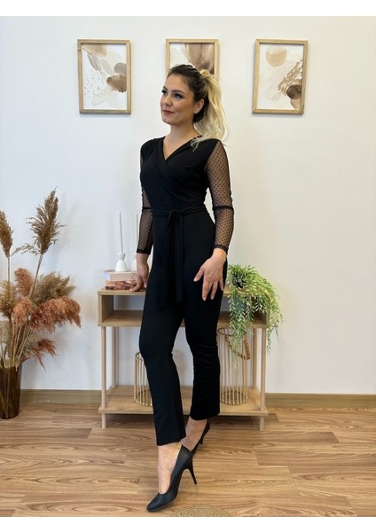 Krep Kumaş Kol Tül Puan Detaylı Kuşaklı Tulum 141 cm fırsatları