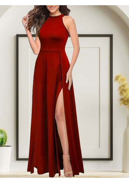 Kadınhalter Yaka Derin Yırtmaç Detaylı Tam Boy Ithal Krep Abiye Elbise modelleri