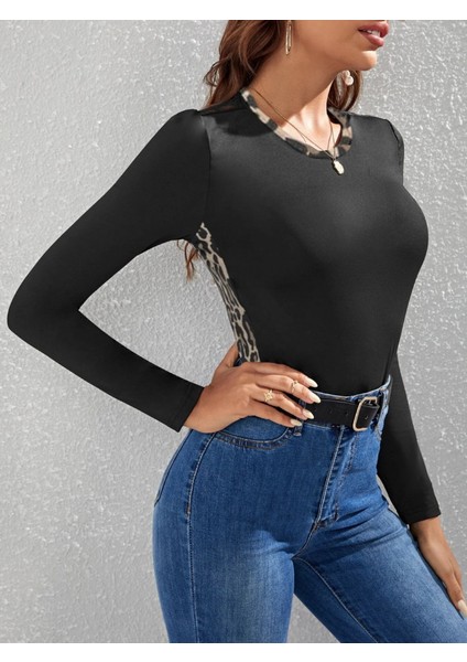 Kadın Uzun Kollu Leopar Şeritli Viskon Bluz modelleri