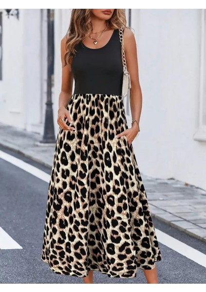 Kadın Askılı Yuvarlak Yaka Üst Viskon Alt Leopar Desenli Süprem Uzun Elbise modelleri