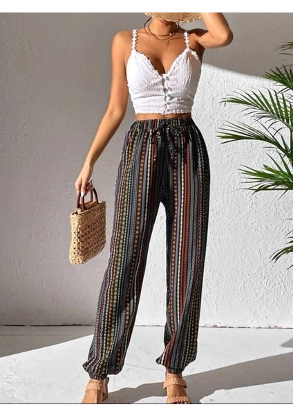 Kadın Moss Krep Kumaş Bel ve Bilekler Lastikli Rahat Kesim Pantolon