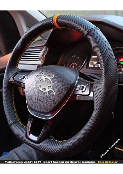 Golf 7 Jetta Passat Tiguan Polo F1 Dikmeli Araca Özel Direksiyon Kılıfı Nokta Karbon Sarı Yüzük