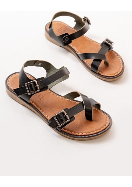 205-091 Siyah Ortopedik Hakiki Deri Kadın Sandalet