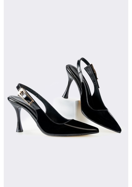 Arkası Açık Topuklu Kadın Rugan Sivri Burun Stiletto Ayakkabı