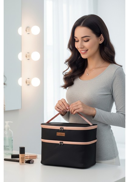 Profesyonel Çift Katlı Geniş İç Hacimli Makyaj Çantası Su Geçirmez Büyük Boy Seyahat Organizeri Kozmetik Parfüm Taşıma Bölmeli Kadın Bakım Çantası fırsatları
