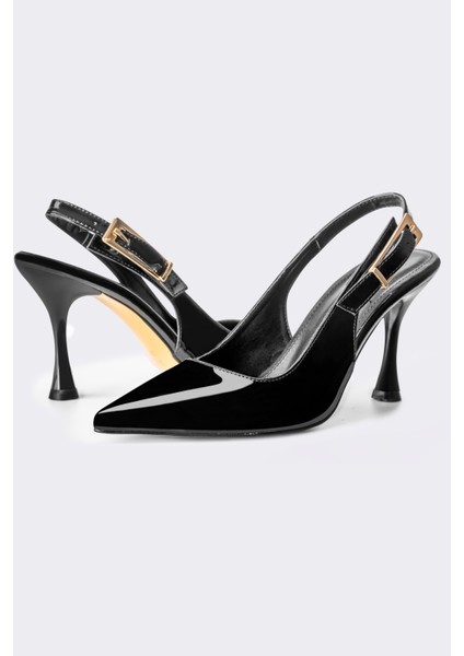 Arkası Açık Topuklu Kadın Rugan Sivri Burun Stiletto Ayakkabı