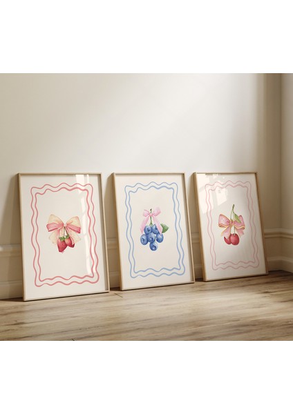 (Çerçevesiz) Çilek Blueberry Cherry 3lü Minimal Poster Seti