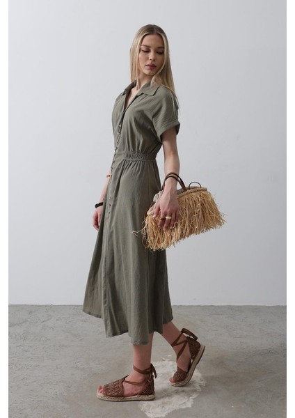 Önü Düğmeli Kısa Kol Elbise - Haki fiyatları