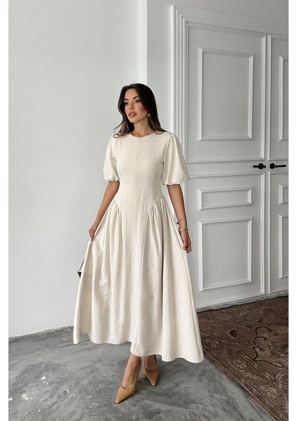 Bej Arkadan Bağlamalı Büzgülü Keten Elbise fiyatları