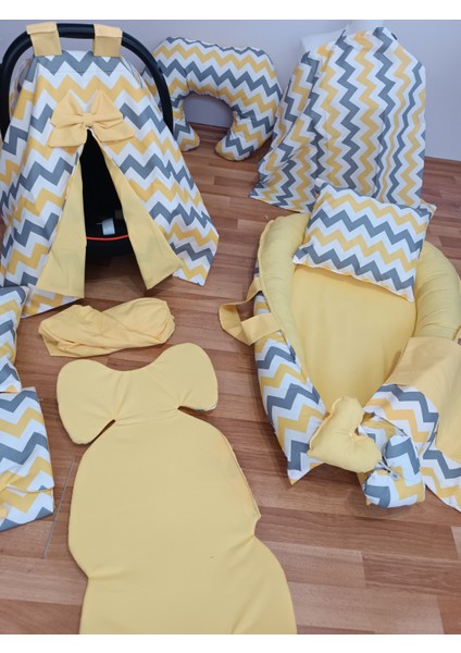 Sarı Zikzak Düz Sarı Oval Yataklı 10 Parça Babynest Seti