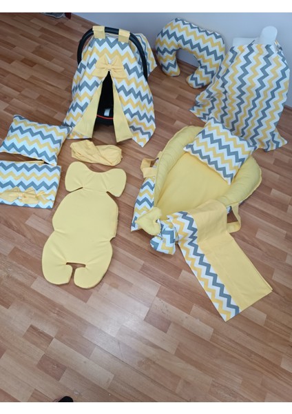 Sarı Zikzak Düz Sarı Oval Yataklı 10 Parça Babynest Seti