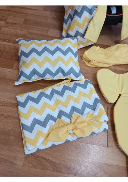 Sarı Zikzak Düz Sarı Oval Yataklı 10 Parça Babynest Seti