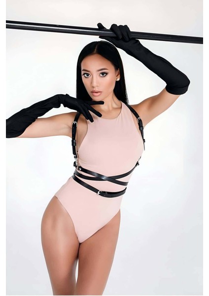 CLZ41 Belden Dolanan Şık Deri Harness - Ürün Rengi:siyah