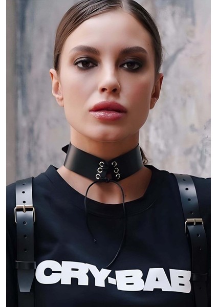 LISINYA41 Ipli Bağlamalı Şık Deri Choker Tasma - Ürün Rengi:siyah