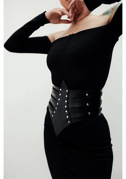 LISINYA41 Perçin Detaylı, Şık Elbise Üzeri Deri Korse Kemer, Elbise Kemeri - Ürün Rengi:siyah
