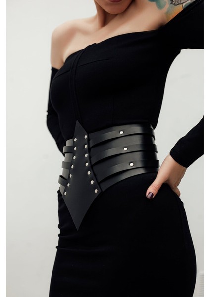 LISINYA41 Perçin Detaylı, Şık Elbise Üzeri Deri Korse Kemer, Elbise Kemeri - Ürün Rengi:siyah fiyatları