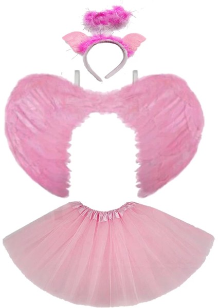 Çocuk Melek Kostümü Pembe - Melek Kanadı Eteği Işıklı Tacı 3 Parça Kostüm Seti - Lisinya