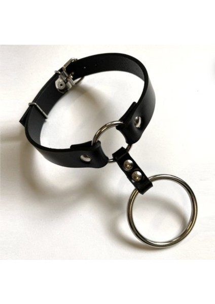 Büyük ve Küçük Halka Detaylı Ayarlı Deri Choker - Ürün Rengi:siyah
