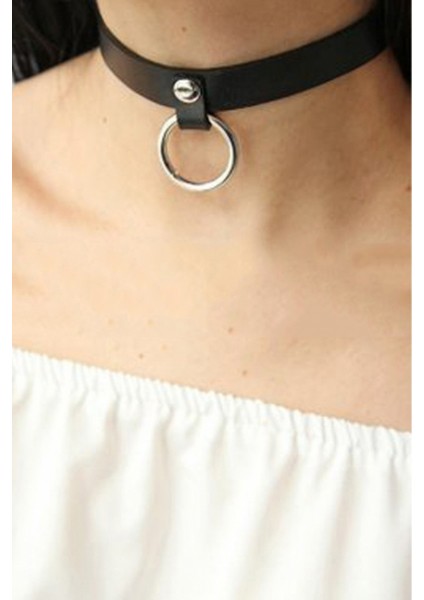 Halkalı Şık Deri Choker Tasma - Ürün Rengi:kırmızı