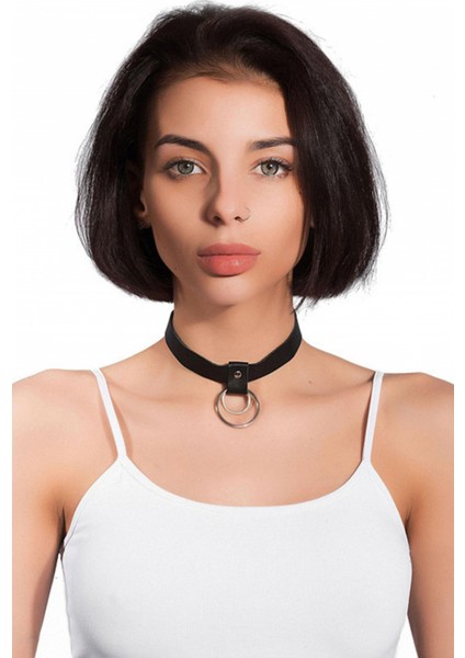 LISINYA41 Halkalı Deri Tasma Kolye - Ürün Rengi:kırmızı