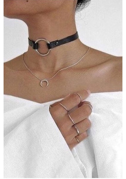 LISINYA41 Halka Detaylı Şık Deri Choker - Ürün Rengi:kırmızı