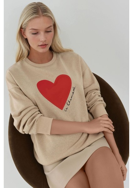 Kadın Baskılı Yuvarlak Yaka Sweatshirt Bej Doğal
