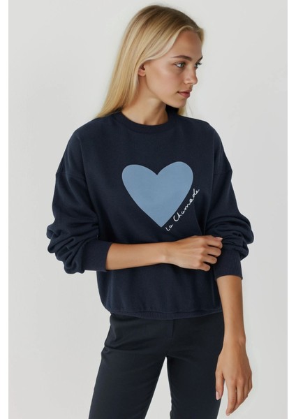 Kadın Baskılı Yuvarlak Yaka Sweatshirt Blue