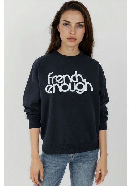 Kadın Baskılı Yuvarlak Yaka Uzun Kollu Sweatshirt Lacivert