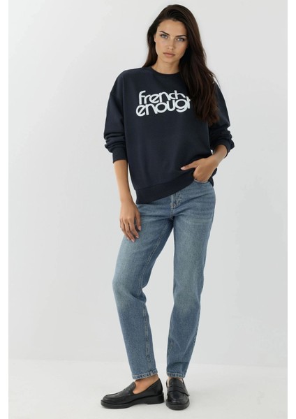Kadın Baskılı Yuvarlak Yaka Uzun Kollu Sweatshirt Lacivert