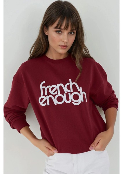 Kadın Baskılı Yuvarlak Yaka Uzun Kollu Sweatshirt Red