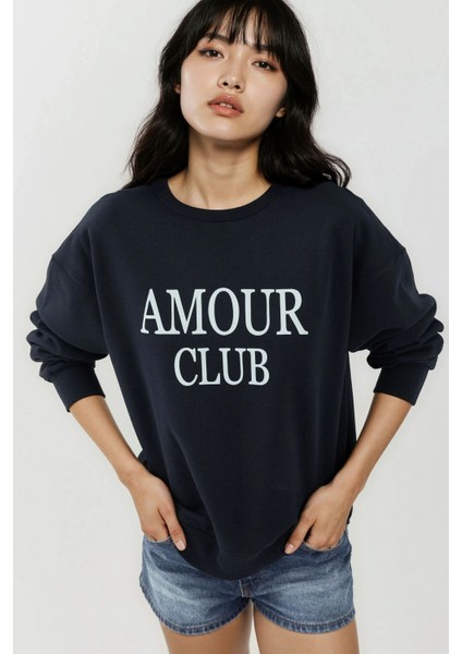 Kadın Baskılı Yuvarlak Yaka Rahat Kesim Sweatshirt Blue