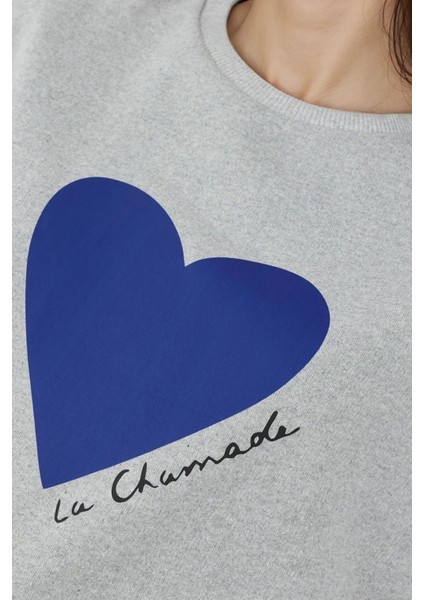 Kadın Baskılı Yuvarlak Yaka Sweatshirt Grey