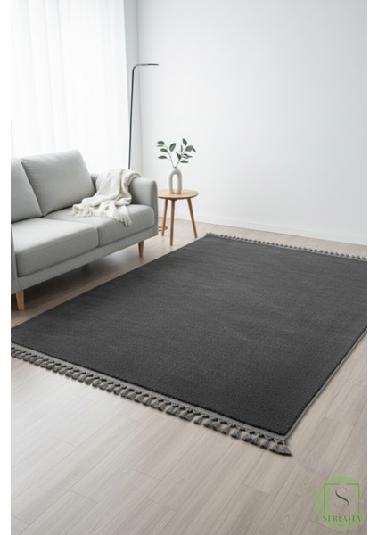 Post/peluş Yıkanabilir Kaymaz Taban Yumşacık Antrasit Örgü Saçaklı Modern ve Şık Salon Oturma Odası Mutfak Çocuk Odası Koridor Antre Halısı