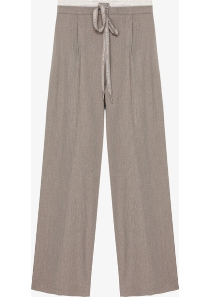 Çift Bel Detaylı Bağcıklı Bol Paça Pantolon Gri