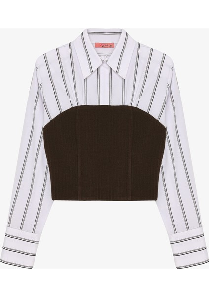 Çizgili Gömlek Garnili Büstiyer Bluz Kahverengi