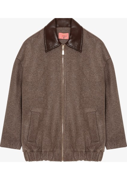 Kontrast Deri Yaka Oversize Kaşe Ceket Vizon