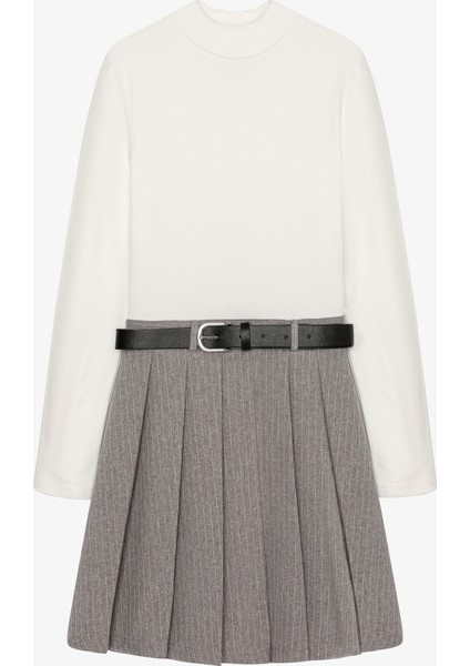 Kombine Kemerli Pileli Mini Elbise Ekru