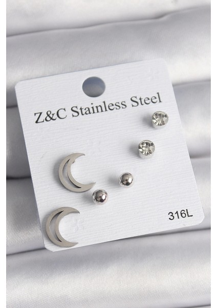 316L Çelik Gümüş Renk Zirkon Taşlı Hilal Model Kadın Küpe Seti - TJ-BKP10010