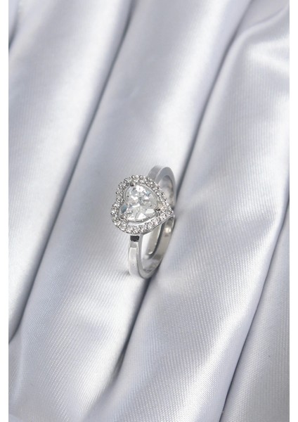 Bfs Pirinç Gümüş Renk Zirkon Taşlı Kalp Charm Model Kadın Yüzük