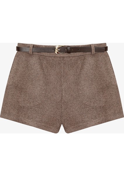 Kemerli Kaşe Mini Şort Vizon