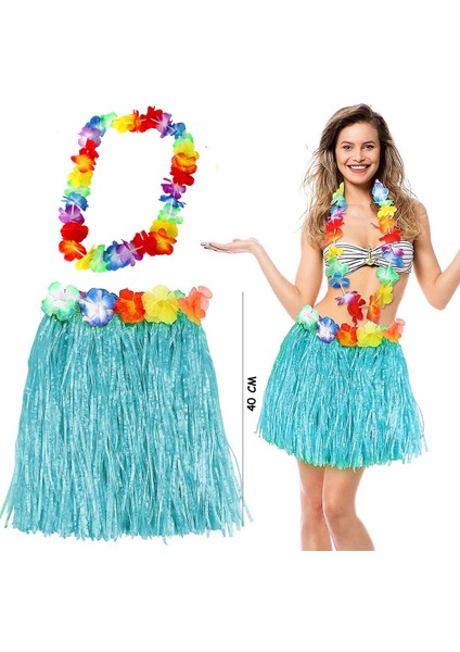 Hawaii Luau Aloha Mavi Püsküllü 40 cm Etek ve Hawaii Kolye Seti (Lisinya)