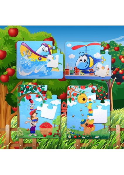 LISINYA247 4 Set - 48 Parça Tekne , Helikopter ve Elmacı Ayı 3+ Keçe Yapboz - 3 Yaş Puzzle modelleri