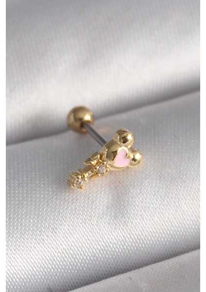 Bfs 316L Çelik Gold Renk Zirkon Taş Detay Pembe Kalp Işleme Tragus Piercing