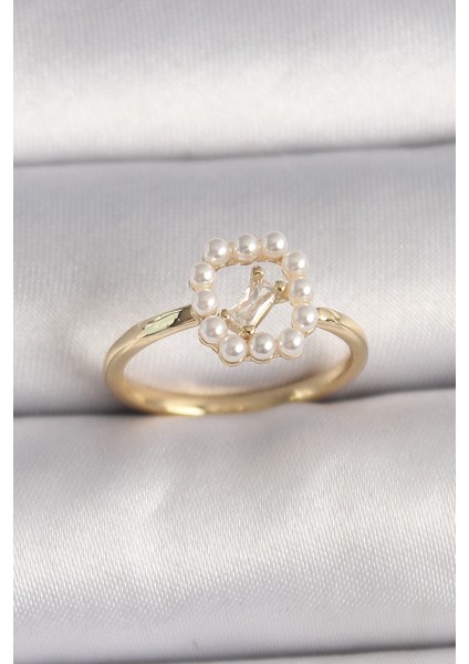 Bfs Pirinç Gold Renk Zirkon Taş Detaylı Incili Ayarlanabilir Yüzük