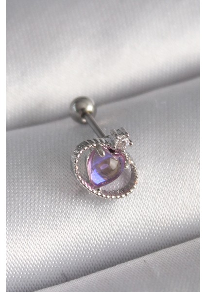 Bfs 316L Çelik Gümüş Renk Mor Mineli Kalp Zirkon Taş Detay Tragus Piercing