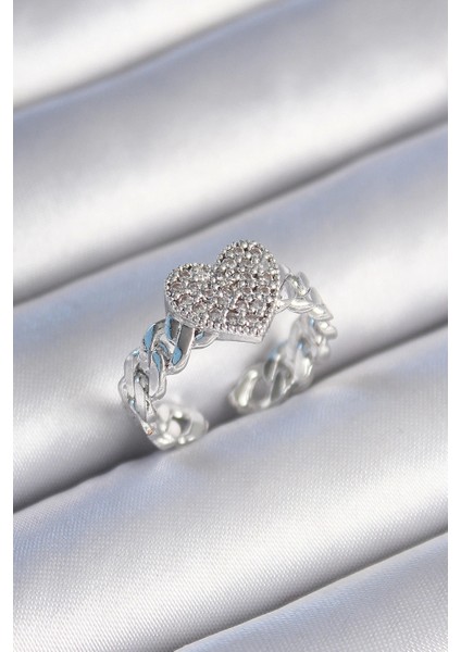 Bfs Pirinç Gümüş Renk Zincir Kordon Zirkon Taşlı Kalp Model Kadın Yüzük