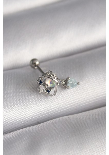 Bfs 316L Çelik Gümüş Renk Zirkon Taşlı Sallantı Kalp Detay Tragus Piercing