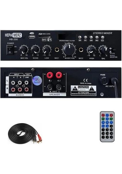 HB-200 Stereo Mixer Amfi 4-8 Ohm 2 Çıkışlı 2X100W Anfi Bluetooth USB