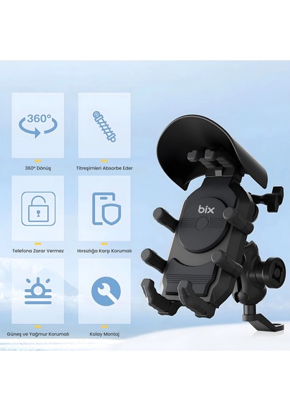 Ayna Bağlantılı Güneş ve Yağmur Korumalı 360° Derece Ayarlanabilir Motosiklet Telefon Tutucu - Lisinya fiyatları